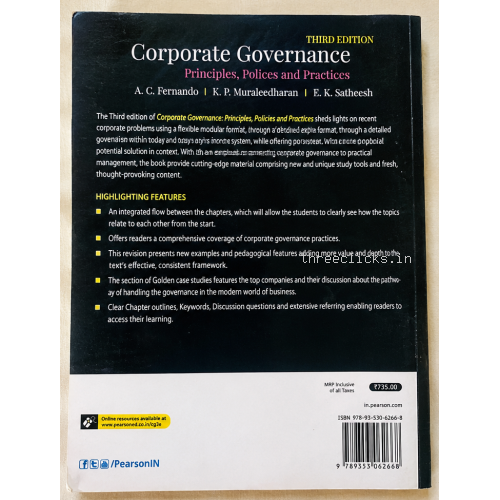Corporate Governance: Principles, Policies and Practices - 3rd Edition - by A. C. Fernando, E. K. Satheesh, K. P. Muraleedharan - Pearson - Like New | Used